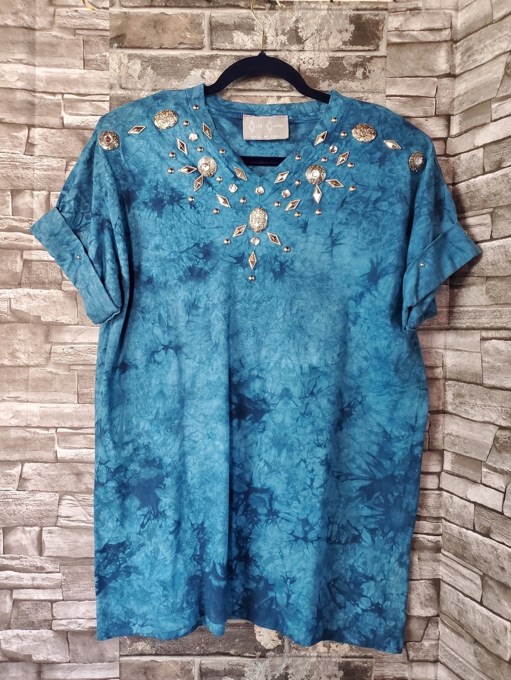 Vintage Stonewashed Studded Blouse Moto Rockabilly Western Oversized Motif OS